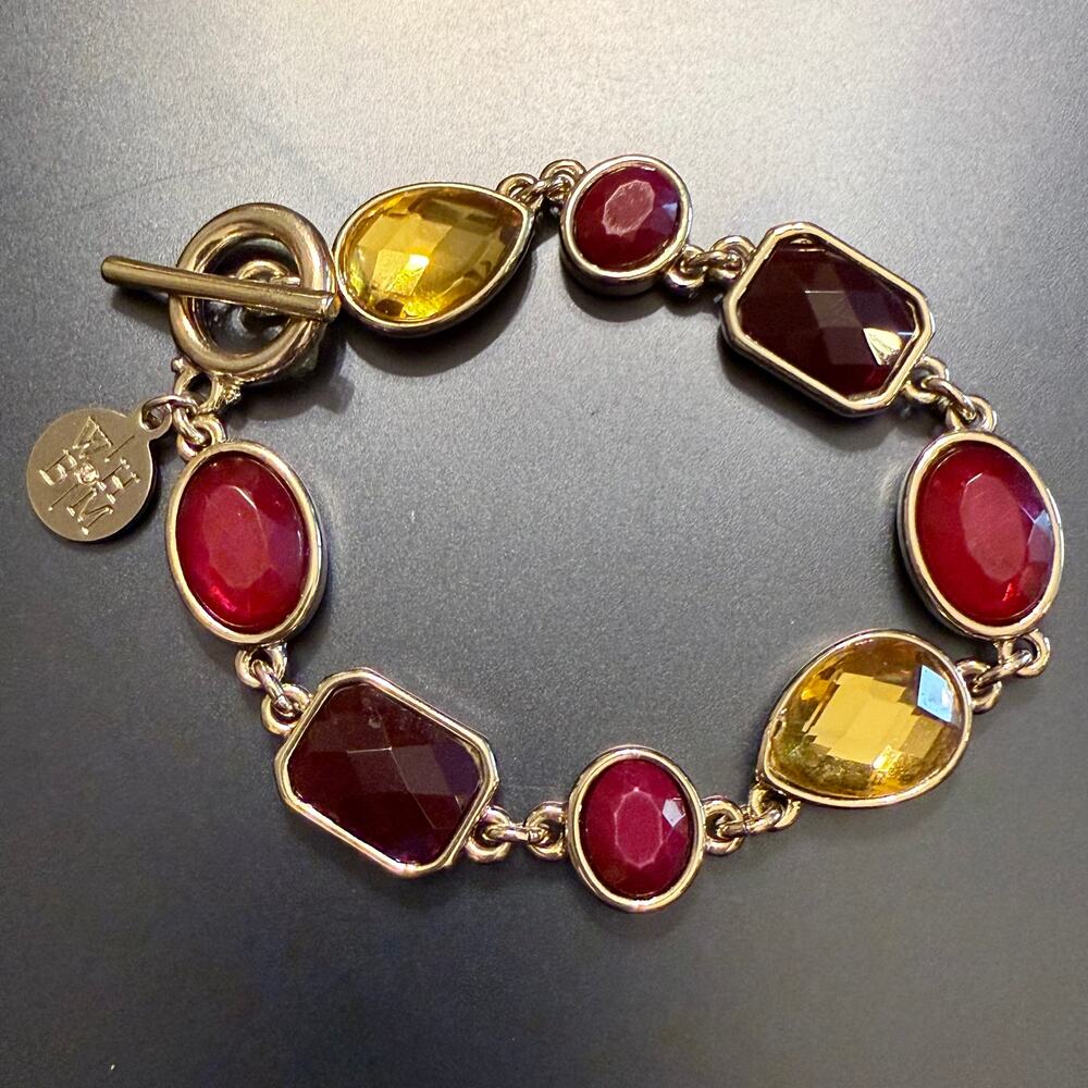 WHBM Autumn Burgundy Gold Stone Silver Tone Link Bracelet